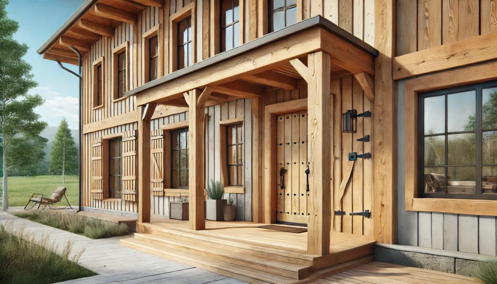 A modern farmhouse exterior featuring natural wood accents like exposed wooden beams, rustic shutters, and a wooden front door, paired with modern materials like metal and glass