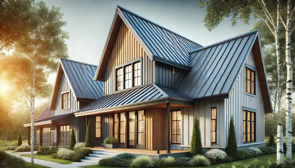 A modern farmhouse exterior featuring a standing seam metal roof, offering durability and a sleek contemporary design that harmonizes with the home's exterior color scheme