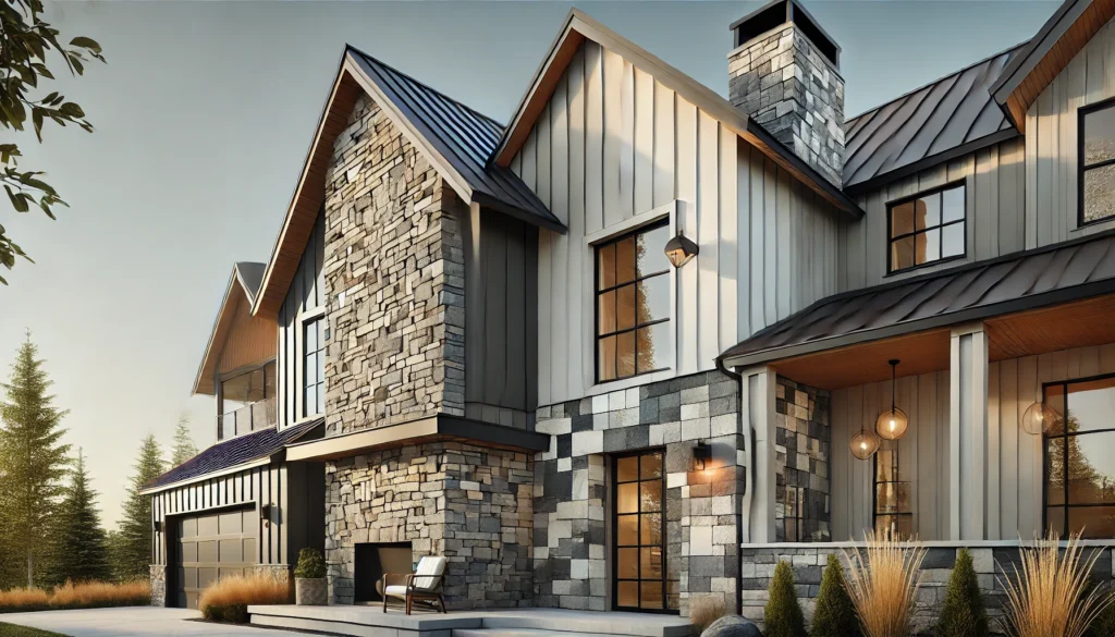 A modern farmhouse exterior featuring a combination of thin metal siding, a stone accent wall, and a fireclay chimney, creating layers and expanding the visual space of the exterior