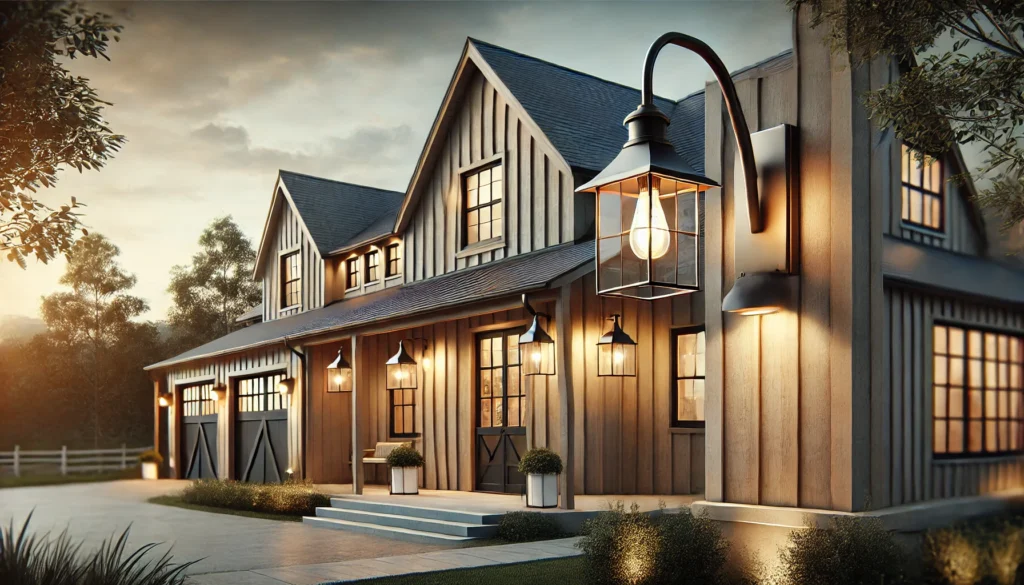 A modern farmhouse exterior with gooseneck barn lights and clear-lined lantern sconces, combining rustic and modern lighting styles to create a welcoming atmosphere