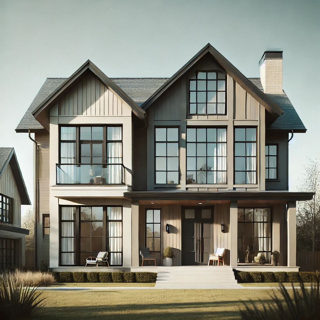 A well-proportioned modern farmhouse exterior with symmetrical windows, doors, and architectural elements on a sunny day