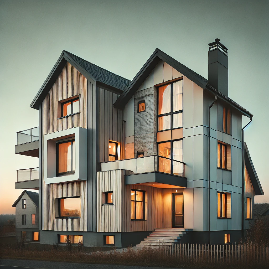 A creatively designed modern farmhouse with asymmetrical architectural features blending classic and modern styles