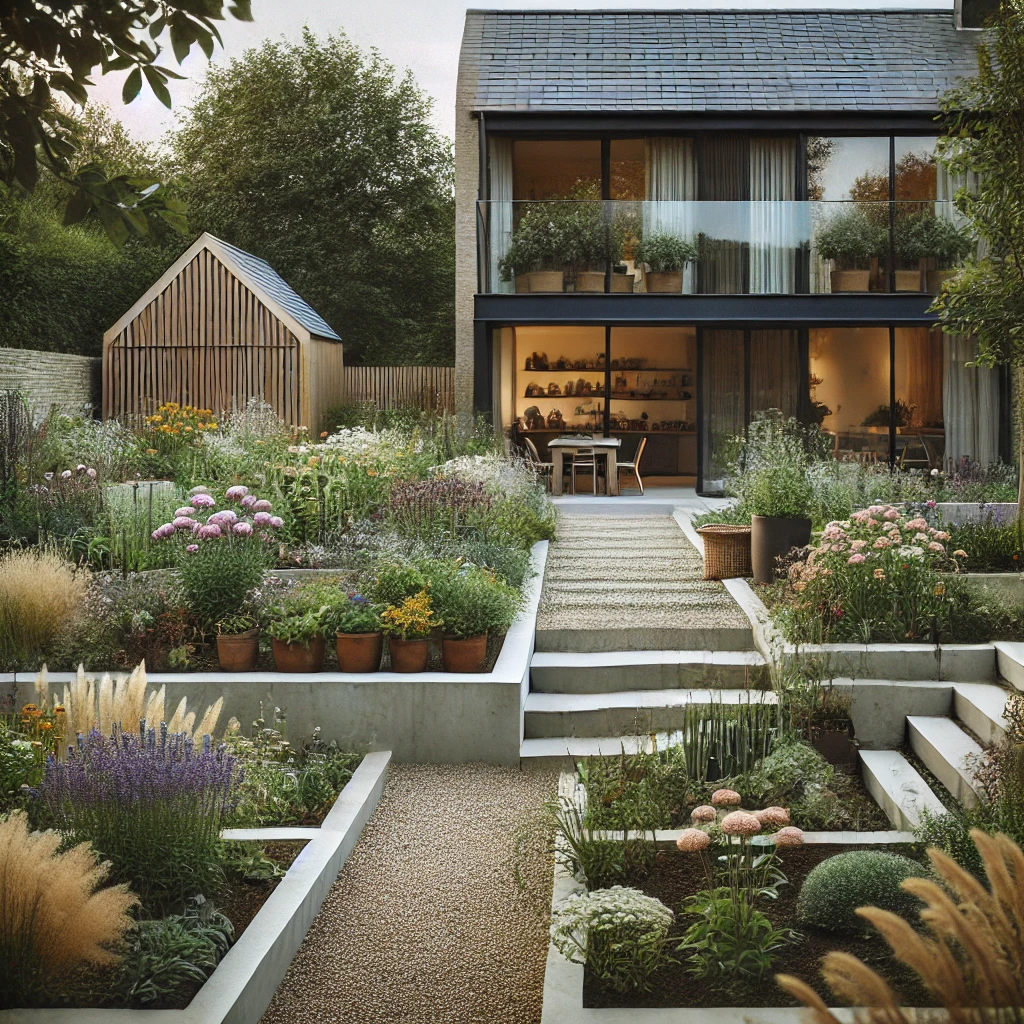 A cozy modern farmhouse front yard featuring wildflowers, gravel paths, and a charming kitchen garden area