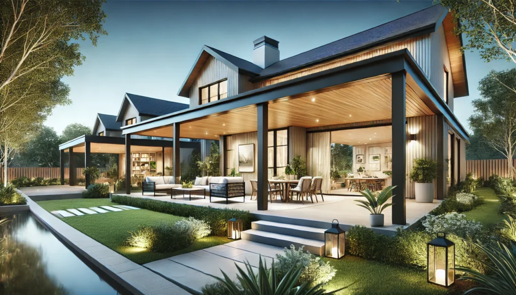 a spacious outdoor living area with a large porch and patio. The design integrates functional space, creating a smooth transition between indoor and outdoor living, complete with comfortable furniture and stylish lighting