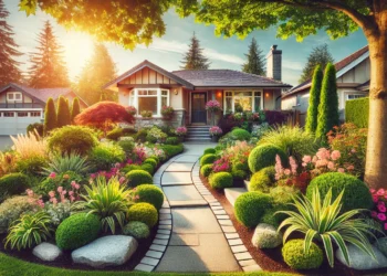 A charming ranch-style home with a welcoming stone pathway and colorful flower beds, featuring ornamental trees and well-maintained shrubs that enhance curb appeal