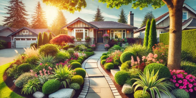 A charming ranch-style home with a welcoming stone pathway and colorful flower beds, featuring ornamental trees and well-maintained shrubs that enhance curb appeal