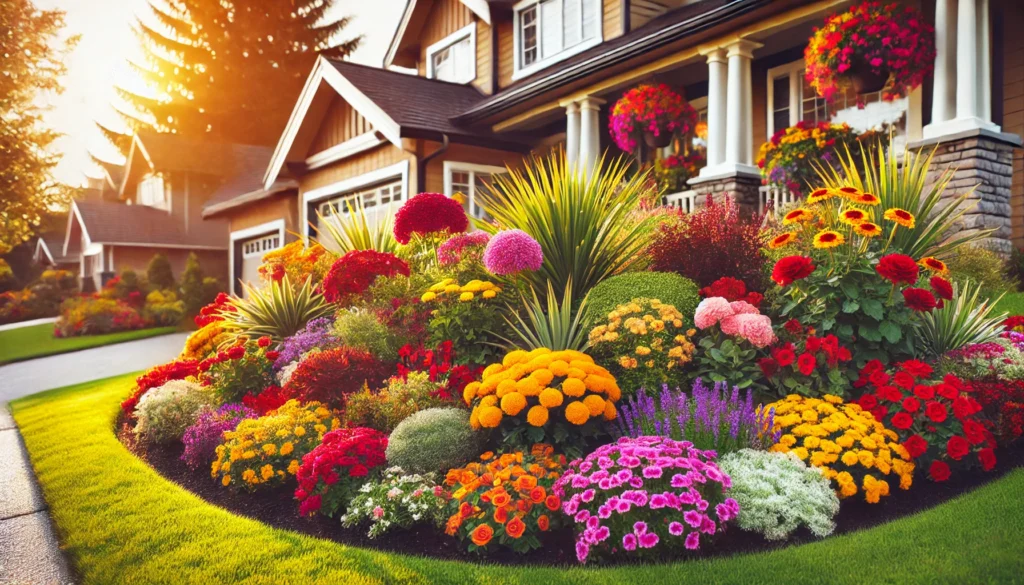 A beautiful flower bed with a mix of annuals and perennials in full bloom, adding color and vibrancy around a ranch-style home