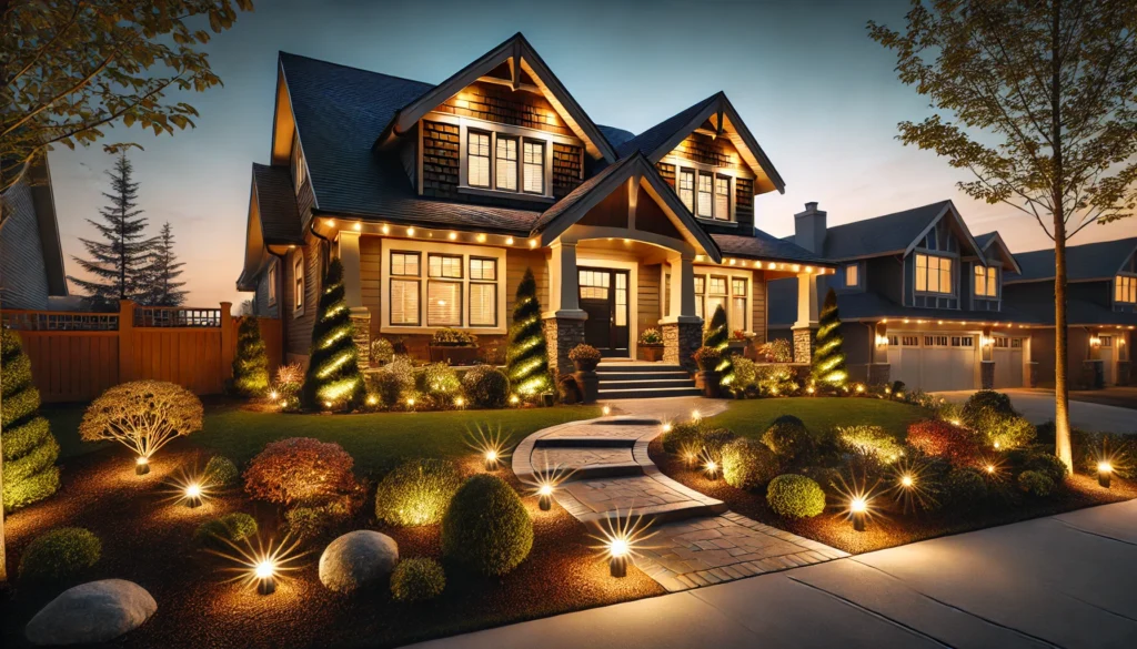 A ranch-style home illuminated with soft, warm outdoor lighting, highlighting the landscaping and creating a cozy, inviting ambiance in the evening.