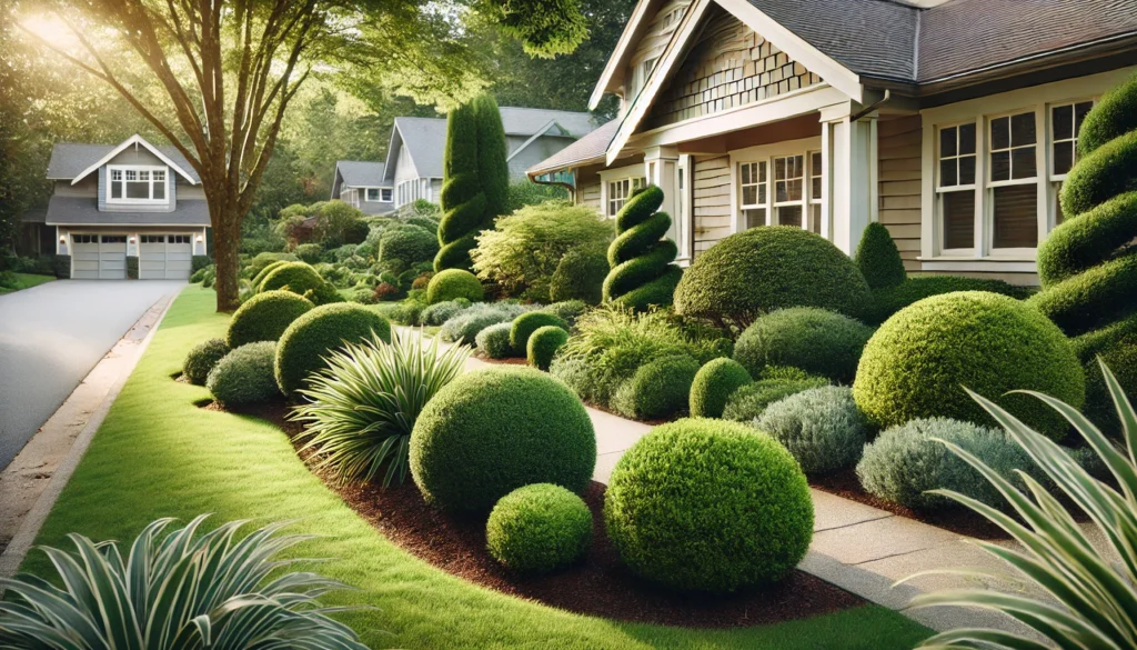 A beautiful front yard featuring low-growing shrubs like boxwoods and junipers, enhancing the ranch-style home’s landscaping without obstructing the view.