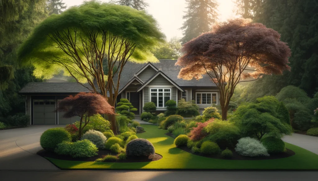 Japanese maples and dogwoods planted around a ranch-style home, creating a serene and inviting front yard with soft foliage complementing the home’s modest design.