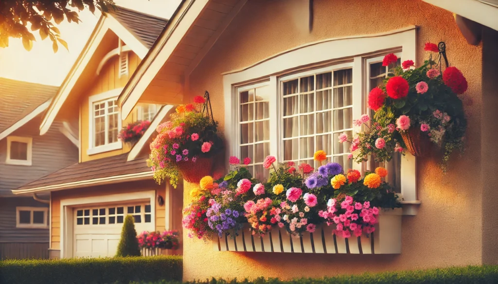 A cozy ranch-style home with vibrant window boxes filled with colorful flowers, adding a lively and inviting atmosphere to the exterior.
