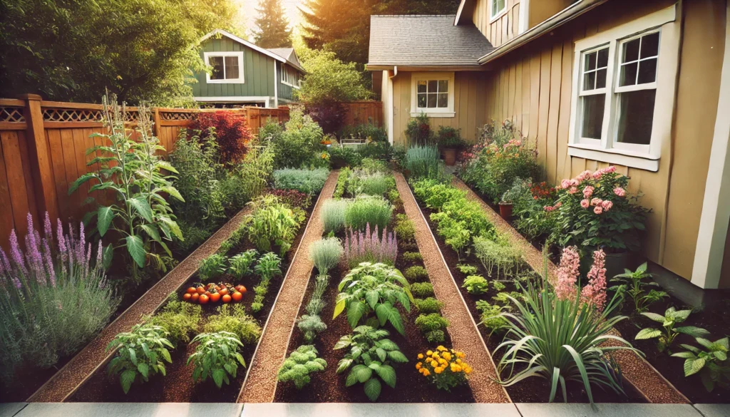 A neatly maintained vegetable garden in the side yard, with rows of vegetables and herbs like tomatoes and basil, integrated with beautiful flowering plants.