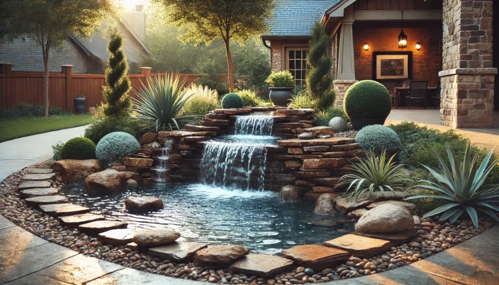 A tranquil water feature in the backyard with an artificial waterfall and fountain, surrounded by smooth stones and lush greenery.
