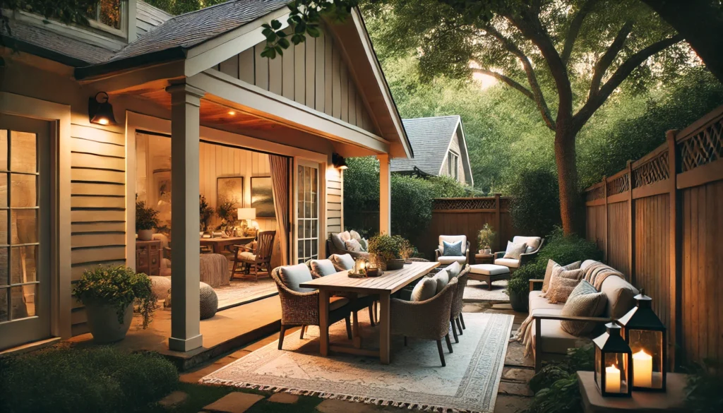 A charming outdoor room in a ranch-style home's backyard, featuring a comfortable dining area and peaceful seating space, surrounded by lush greenery and soft lighting.