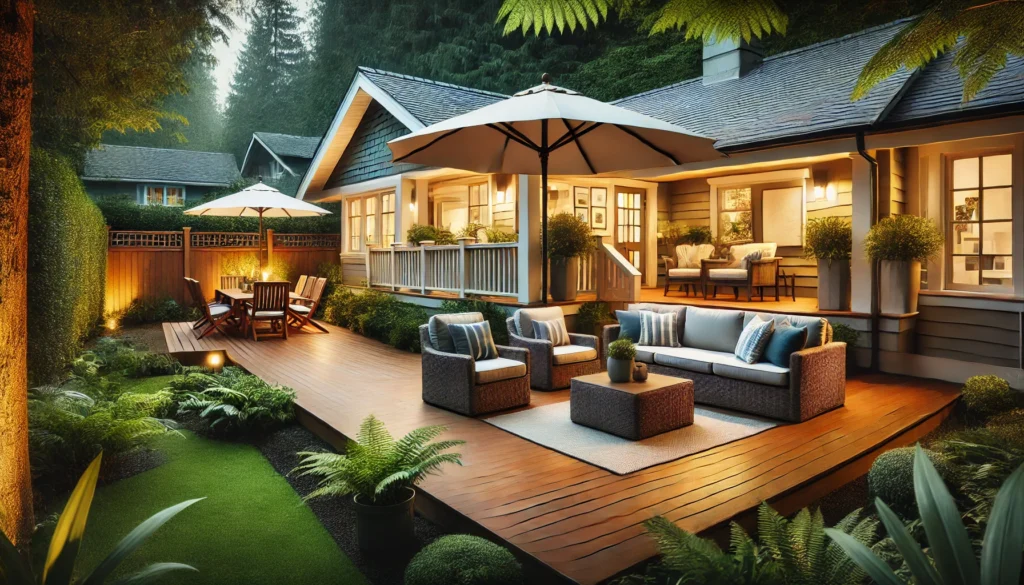 A beautiful backyard patio with a wooden deck, comfortable seating, and a shaded area, seamlessly integrating with the ranch-style home’s outdoor living space.