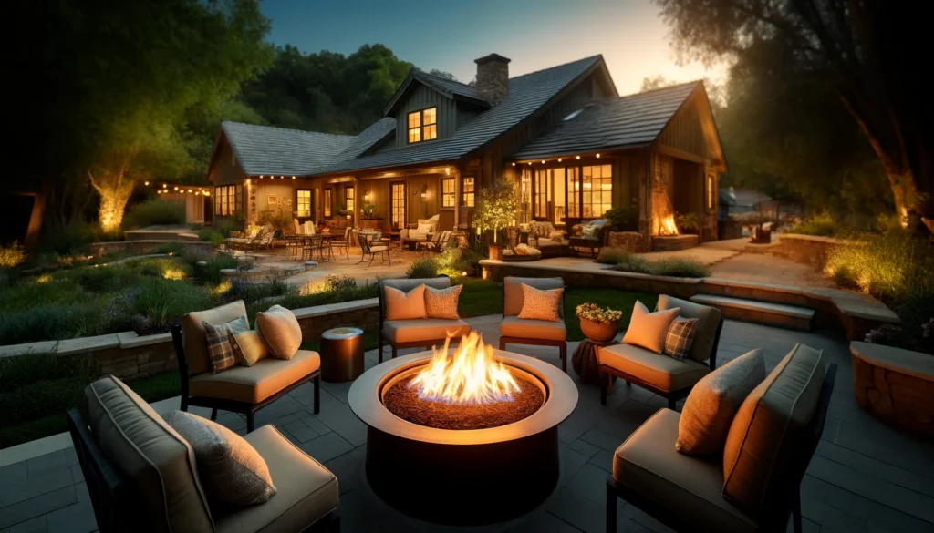 A warm and inviting fire pit surrounded by comfortable seating in the backyard of a ranch-style home, perfect for family gatherings and evening relaxation.