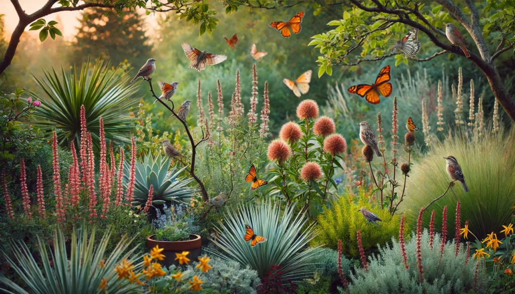 A beautiful garden with native plants that attract wildlife, including birds perched on branches and butterflies fluttering around the blooming plants.