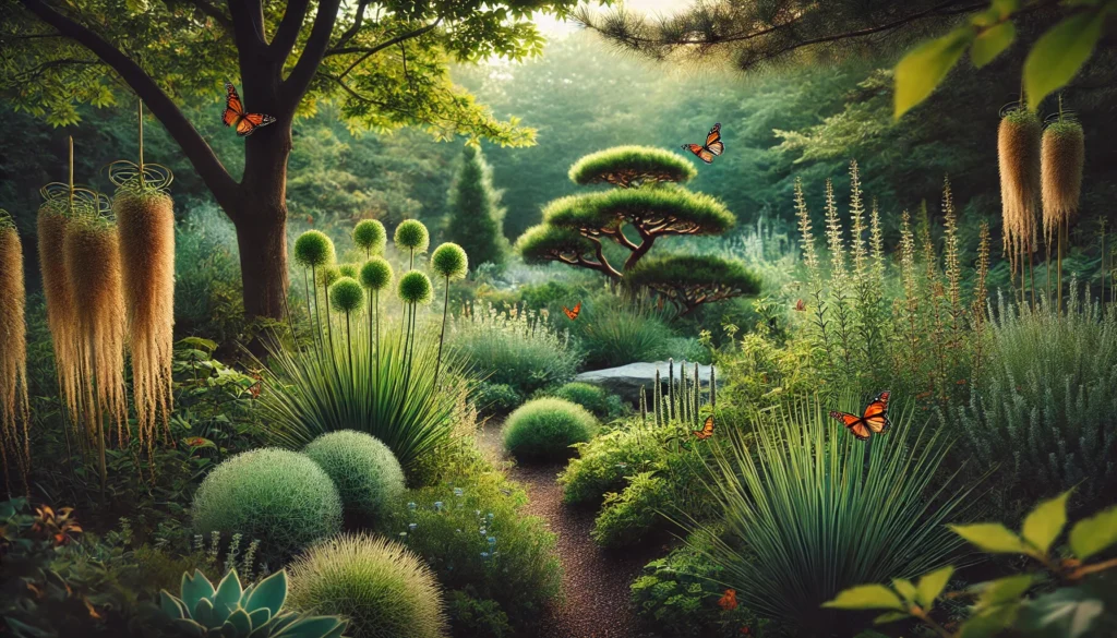 A serene landscape featuring native plants growing naturally, creating an eco-friendly environment that attracts wildlife and requires minimal care.
