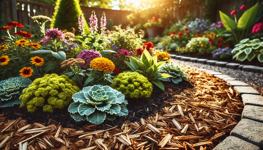A well-maintained flower bed mulched with organic material, helping retain moisture and nutrients, while promoting healthy plant growth and preventing weed growth