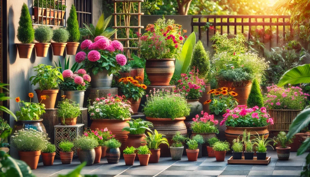 A beautiful container garden featuring colorful flowers, herbs, and small vegetables in pots arranged around a patio, creating an inviting outdoor space