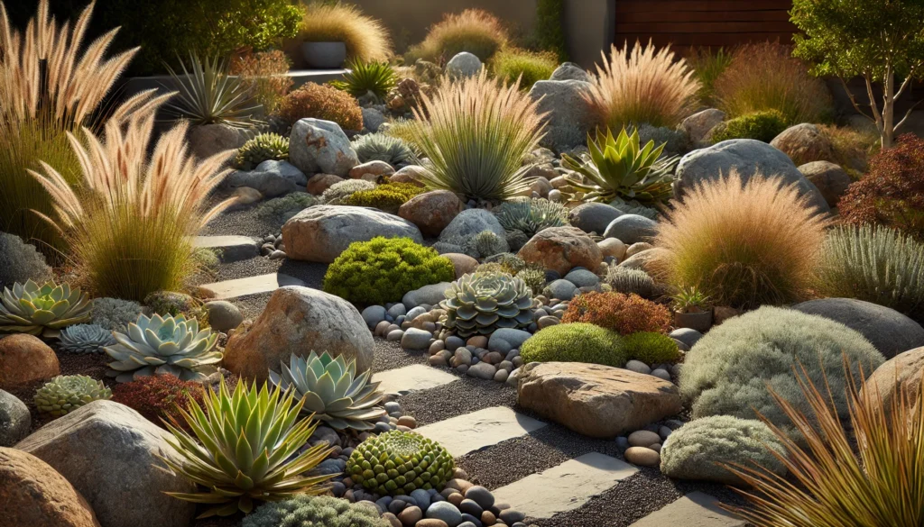A serene rock garden featuring stones in various sizes and colors, surrounded by low-maintenance succulents and native grasses, creating a striking and functional outdoor space