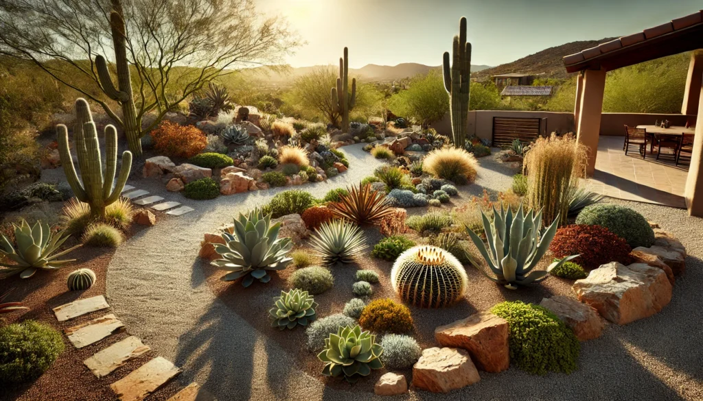 A xeriscaped garden featuring drought-tolerant plants like succulents and cacti, with gravel paths and water-efficient landscaping in an arid climate