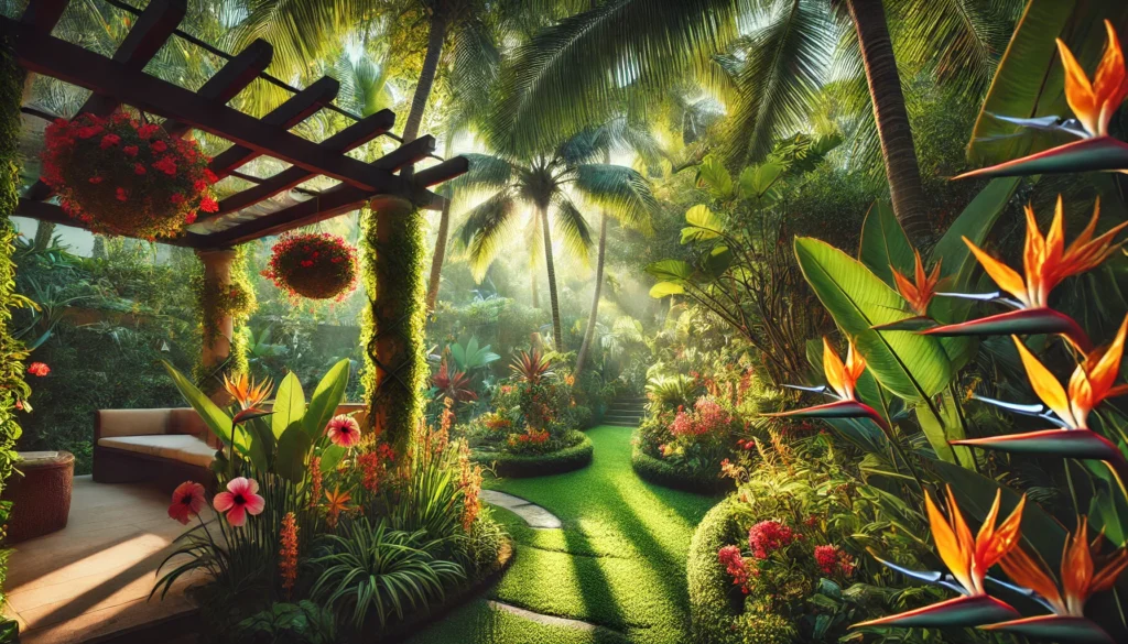 A vibrant tropical garden with lush greenery, exotic flowers like hibiscus and bird of paradise, and palm trees offering shade in a warm, humid climate