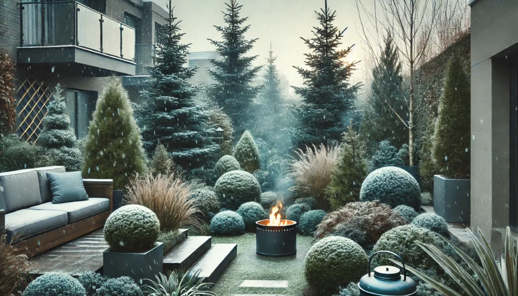 A serene garden in a cold climate featuring pine trees, evergreen bushes, and a cozy fire pit, creating a year-round outdoor space