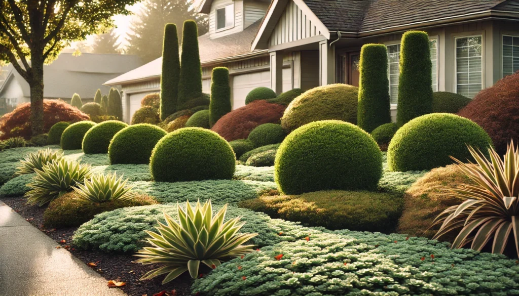 A ranch-style yard with carefully pruned bushes and low-profile sedum groundcover, ensuring a neat, energy-efficient landscape