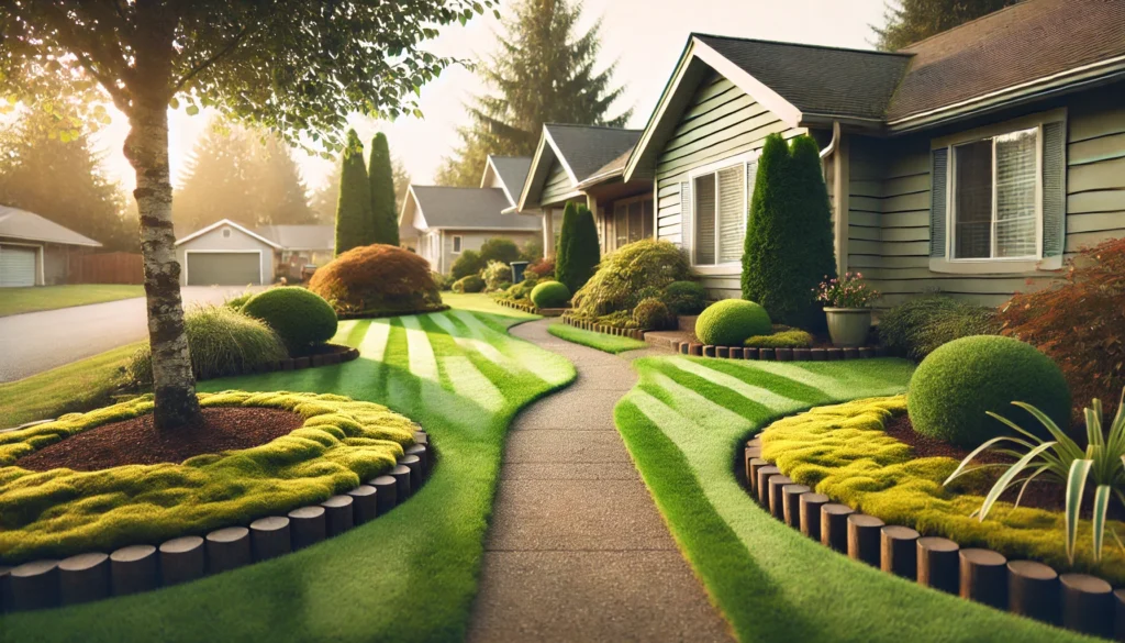 A freshly mowed lawn in a ranch-style yard, with moss along the walkways and neatly maintained planter edges