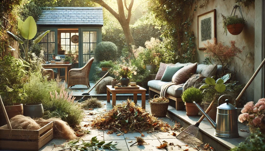 A garden in the process of seasonal clean-up, with withered leaves being cleared and perennials being pruned in preparation for the changing seasons
