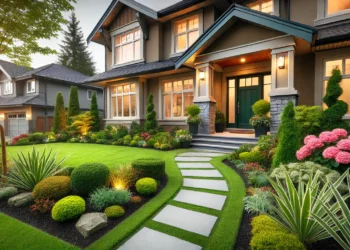 A sleek, modern home with vibrant landscaping, large windows, and clean lines that create stunning curb appeal.