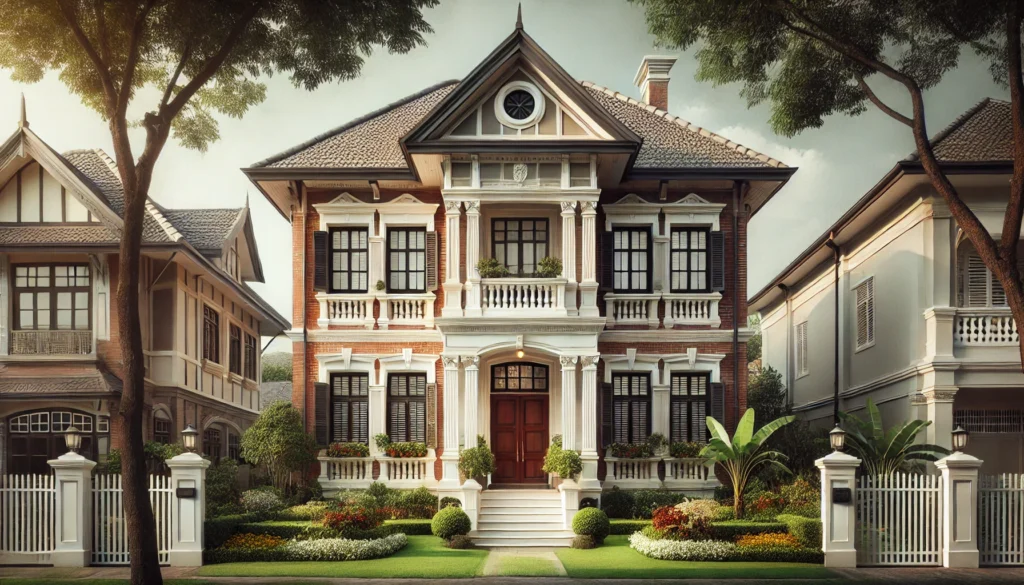 A beautiful colonial-style home with brick facades, gable roofs, and traditional windows, set in a lush front yard with vibrant flowers.