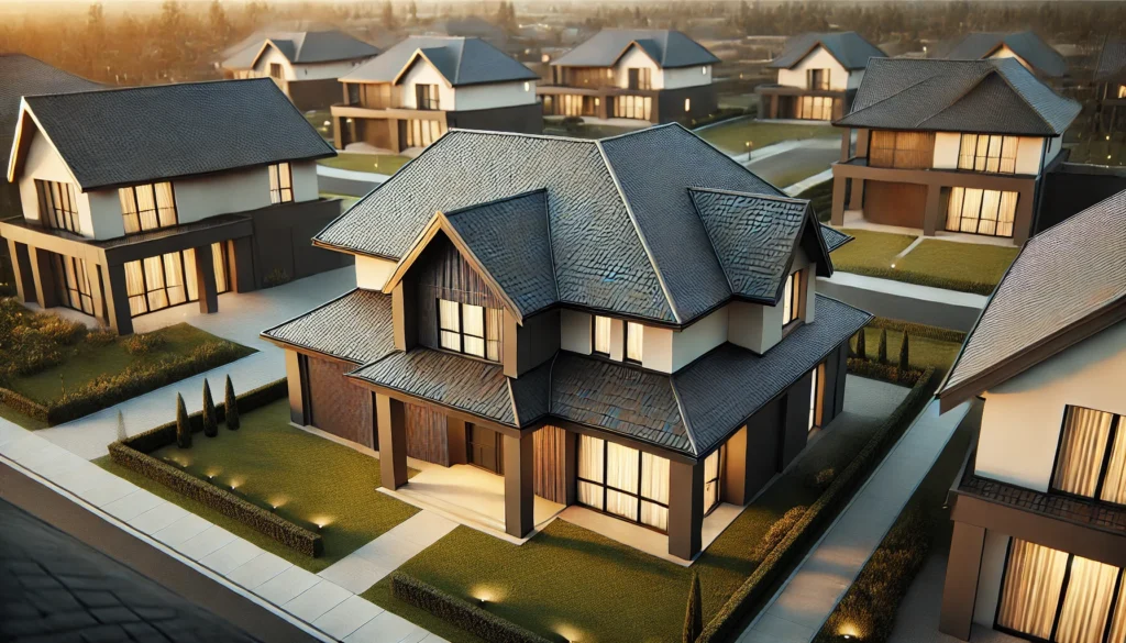 A contemporary home with a dark-colored, low-pitched roof that complements the overall architecture, surrounded by landscaped gardens.