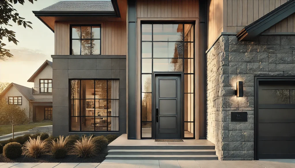 A modern home featuring large metal-framed windows and a bold, colorful front door with a mix of wood, stone, and glass finishes.