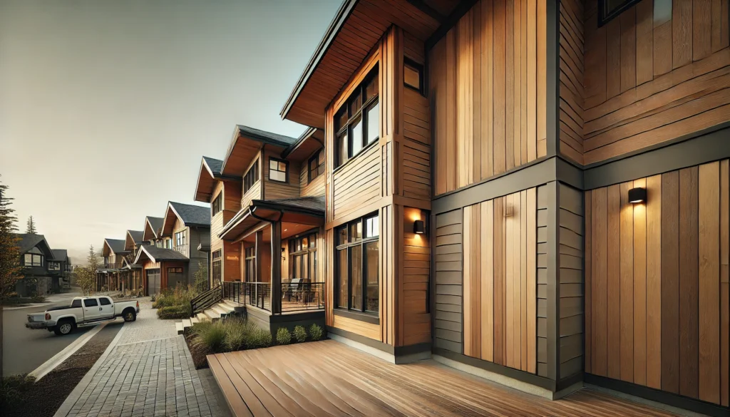 A beautiful exterior featuring wooden panel siding, blending wood, metal, and glass for a contemporary yet welcoming look.