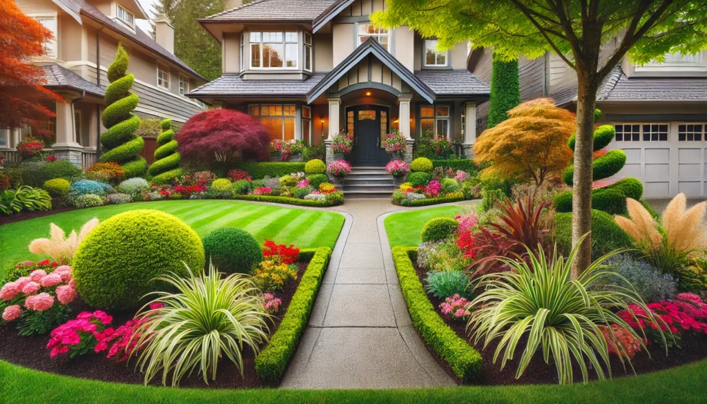 A well-maintained front yard with lush greenery, flower beds, and a welcoming pathway leading to the entrance of a home.
