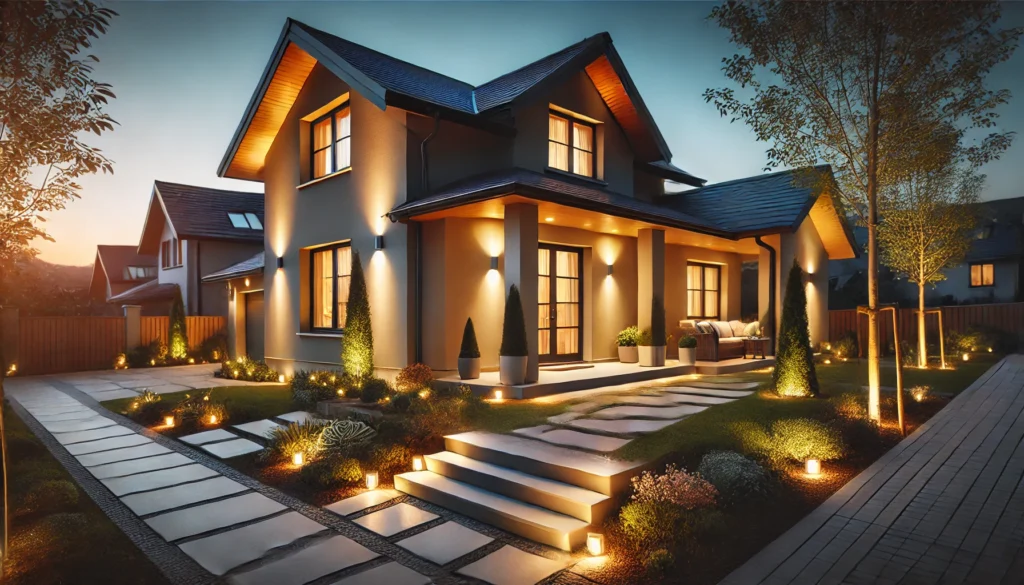 A modern home exterior at dusk, with warm outdoor lighting highlighting architectural elements and creating a cozy ambiance.