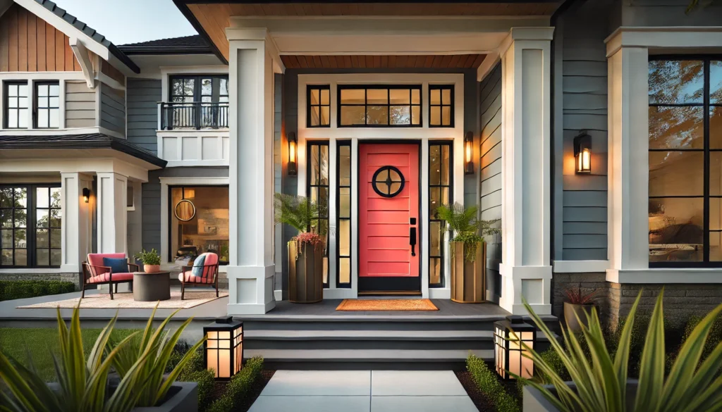 A stylish front entrance featuring a bold, colorful door, framed by modern architectural elements and outdoor furniture.