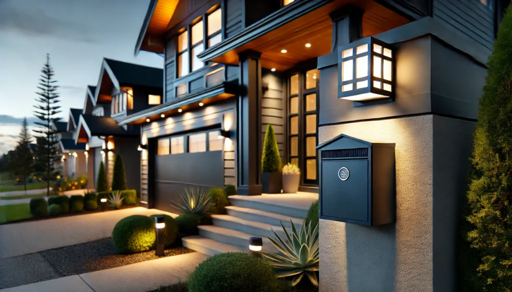 A sleek, modern home exterior featuring a minimalist mailbox, contemporary house numbers, and matching outdoor lighting.