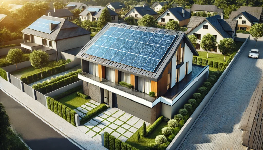 A contemporary home with sleek rooftop solar panels providing clean energy while blending seamlessly with the modern architecture.