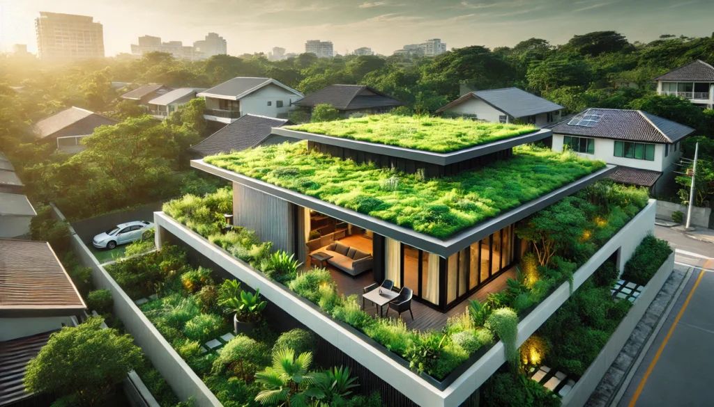 A modern home with a green roof covered in vegetation, providing insulation and managing stormwater runoff, creating an environmentally conscious exterior.