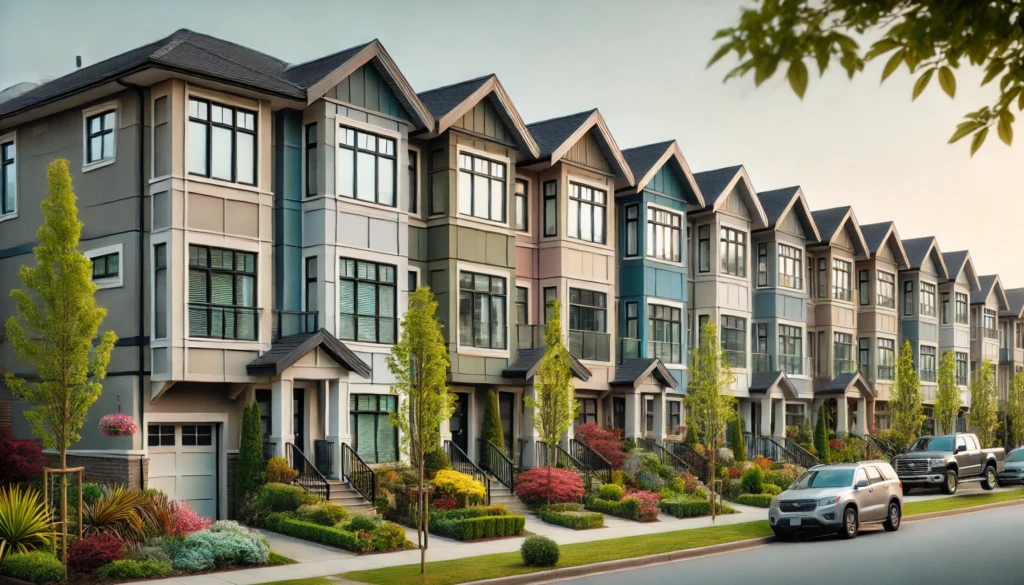 A row of townhouses with a consistent architectural façade, modern color schemes, and well-maintained landscaping, balancing individuality and uniformity.