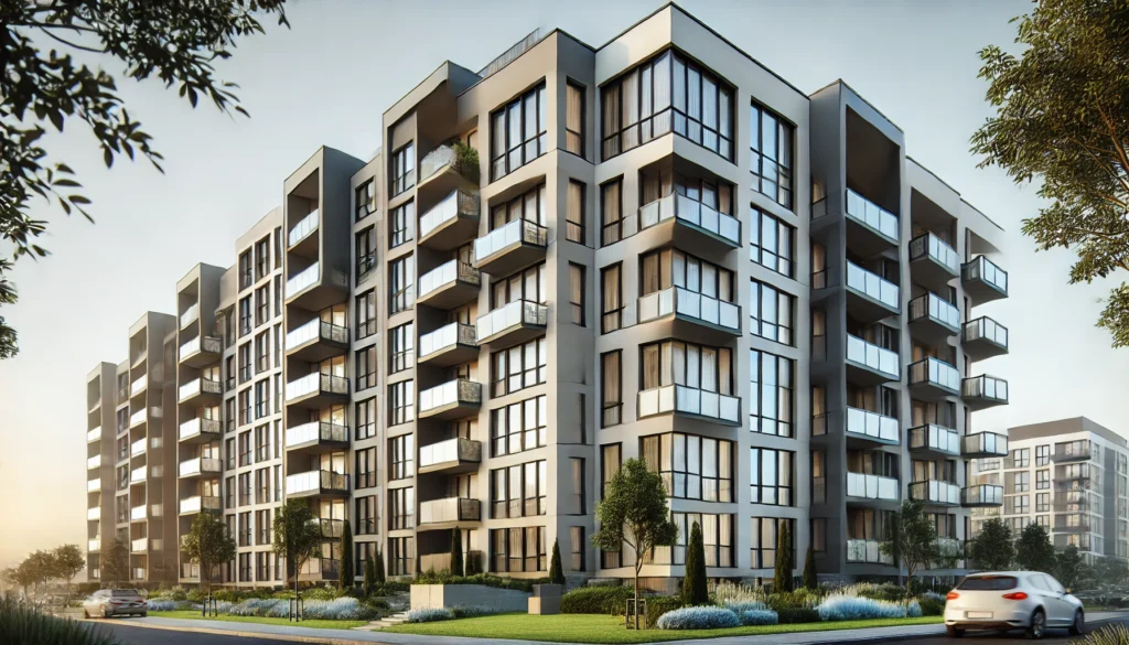 A modern apartment building with large windows, sleek design, and cohesive materials, featuring personalized balconies and patios for residents.