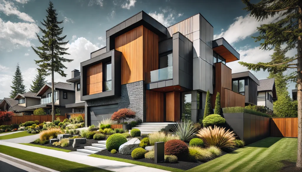 A contemporary home exterior featuring a combination of wood, stone, metal, and glass, creating a dynamic and visually exciting design.
