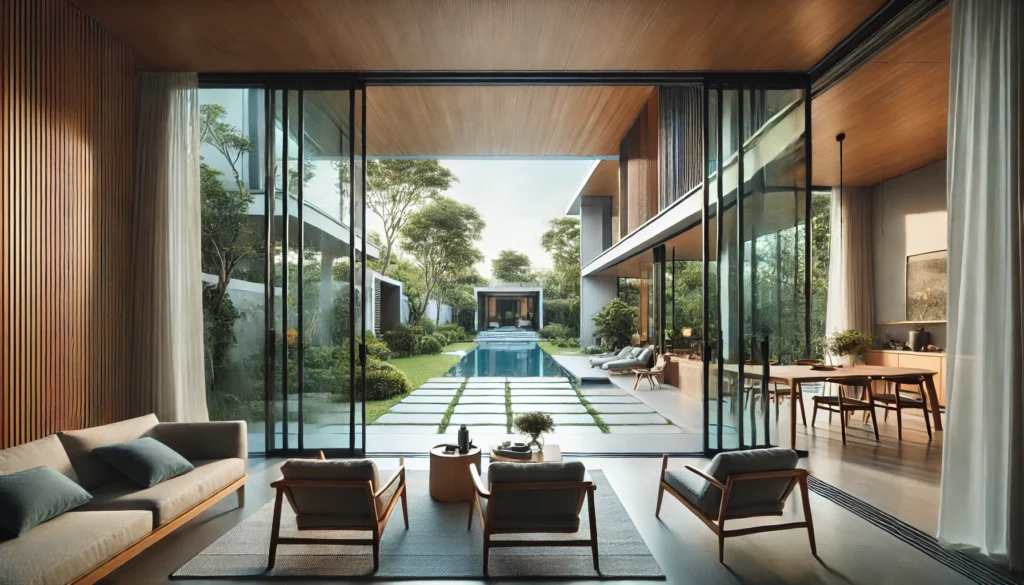A modern home with large sliding or folding glass doors that seamlessly connect the indoor living area to the outdoor patio and garden.