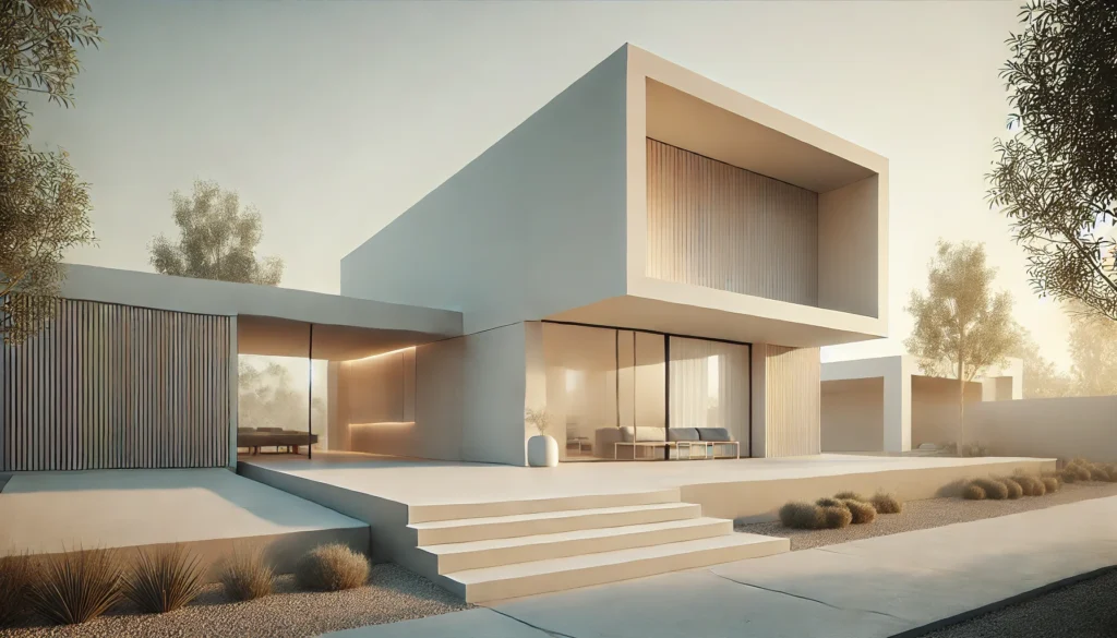A minimalist home exterior featuring sleek geometric shapes, calm neutral colors, and uncluttered surfaces, with large windows and simple landscaping.