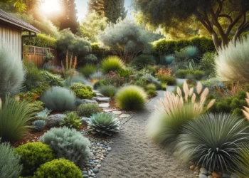 A beautiful low-maintenance garden with native plants, gravel paths, and drought-tolerant landscaping elements