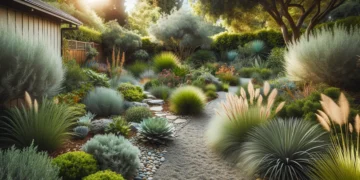 A beautiful low-maintenance garden with native plants, gravel paths, and drought-tolerant landscaping elements
