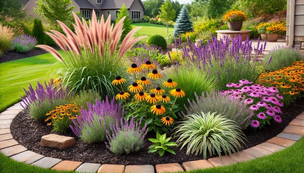 A garden featuring native plants such as coneflowers and black-eyed Susans for a low-maintenance landscape